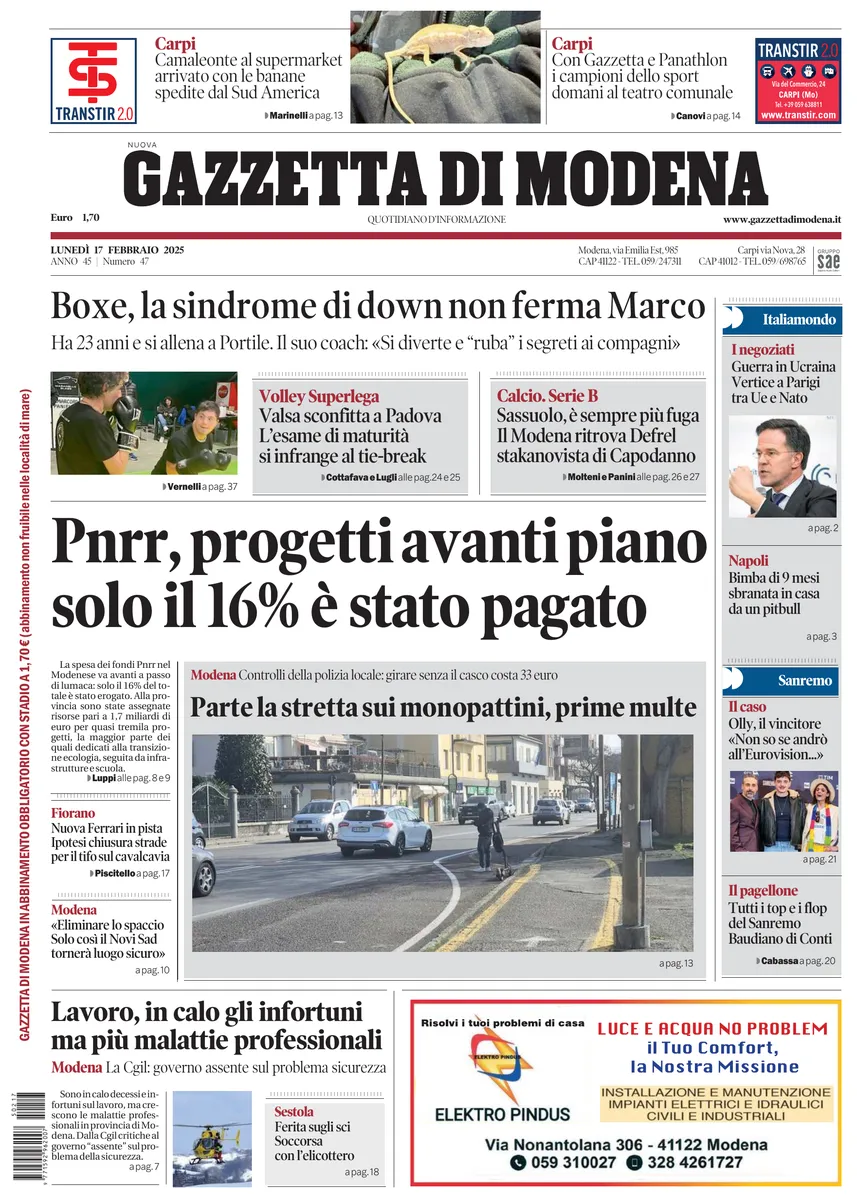 Prima-pagina-gazzetta di modena-oggi-edizione-del-2025-02-17